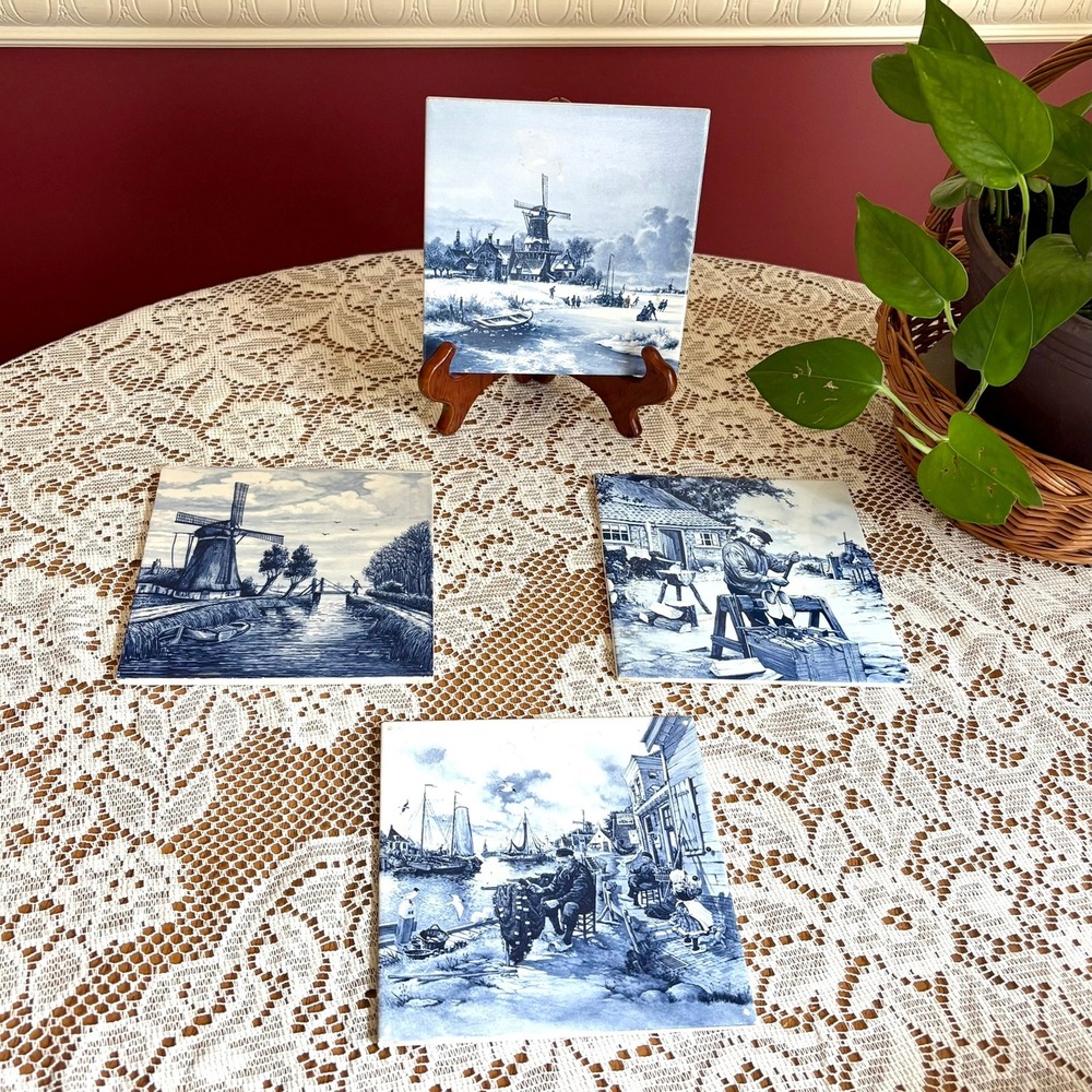 Vintage 1980s Royal Mosa Holland Delft Blue Ceramic Tiles 4-Piece Set 6" Square